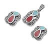 Sterling Silver Marcasite Pendant and Earrings Set - Teardrop Shape Carnelian and Turquoise with Clear CZ