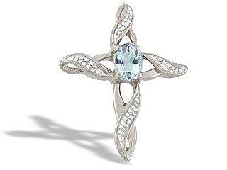 14K White Gold Genuine Oval Aquamarine and Diamond Cross Pendant
