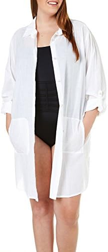 Paradise Bay Plus Solid Boyfriend Shirt Cover-Up 3X White