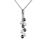 Black & White Cultured Pearl 4-Strand Silver Chain Lariat w. Bar Crystal Slider