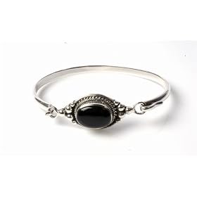 STERLING SILVER BANGLE BRACELET with Black Onyx by Toltec Trading Company