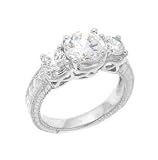 Sterling Silver Engagement Ring With Round Cubic Zirconia in a Four Prong Setting and Two Side Stones