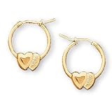 14K Yellow Gold Children's Hoop Pierced Earrings (Pair) w/Two Hearts