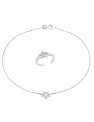 Sterling Silver Toe Ring and Chain Anklet with Cubic Zirconia Star, 10"