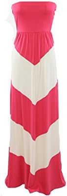 Coral Pink and White Long Women's ZigZag Chevron Strapless Maxi Dress Large
