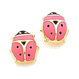 Earrings - 14k Gold Pink and Black Ladybug Enameled Post Earrings