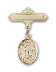 14K Gold Baby Badge with St. Isidore the Farmer Charm and Polished Badge Pin