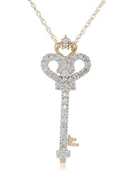 XPY 14k Gold Diamond Heart and Key Pendant (1/8 cttw, I-J Color, I2-I3 Clarity), 18"