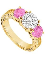 Three Stone Pink Sapphire and Diamond Ring 14K Yellow Gold - 1.50 CT TGW