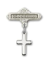 Sterling Silver Baby Badge with Cross Charm and Godchild Badge Pin