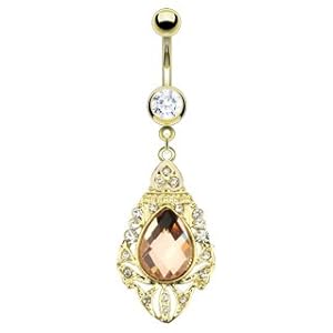 White Crystal Cubic Zirconia Belly Button Ring Gold Bar - Pink Faceted Cut Gem on Pave Gemmed Royal Shield Plate Navel Ring (1pc)