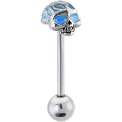 Surgical Steel Light Blue 3-D Flaming Skull Barbell Tongue Ring