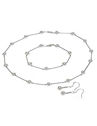 Hydia Handcrafted Sterling Silver Tin Cup Necklace Bracelet Earrings Set White Pearl Jewelry