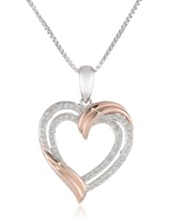 XPY Sterling Silver and 14k Pink Gold Double Frame Diamond Heart Pendant Necklace, 18"