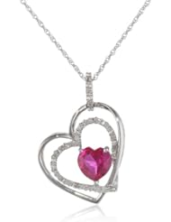 10k White Gold Double Heart-Shaped Created Ruby with Diamonds Heart Pendant Necklace, 18"