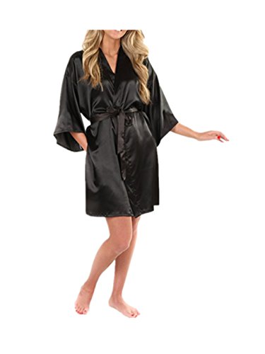 Leright Women's Kimono Robe Knee Length Lingerie Sleepwear Satin Charmeuse Robe, Black, XX-Large