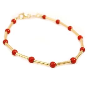 14k Gold Tube Link Design and Coral Bracelet 7 by 
