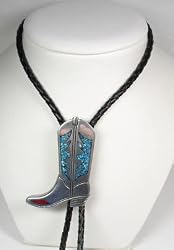 Turquoise / Coral Polished Pewter Cowboy Boot Bolo Tie