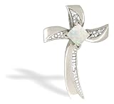 14K White Gold Genuine Square Opal and Diamond Cross Pendant