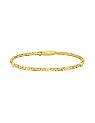 Silver Yellow Plated Polish 7.25" 2.9mm Basketweave Bangle With Box Catch And .05 Carat Diamond