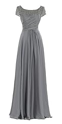 A-line Pleated Crystal Lace Beaded Cap Sleeves Chiffon Mother-of-the-Bride Dress 