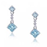 14KT White Gold Dangle Earrings Blue Topaz Diamonds