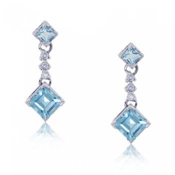 14KT White Gold Dangle Earrings Blue Topaz Diamonds