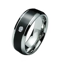High Polished Stainless Steel Ring With Black Inlay and One Cubic Zirconia