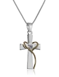 Two-Tone Sterling Silver with Yellow Gold Flashed Plating Cubic Zirconia Cross Pendant Necklace, 18"