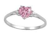 Sterling Silver Ring - Clear CZ - Pink Heart - Prong Set - 7 mm x 2 mm, Sizes 4-9