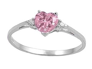 Sterling Silver Ring - Clear CZ - Pink Heart - Prong Set - 7 mm x 2 mm, Sizes 4-9