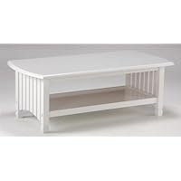 Wood Coffee Table In White Finish w Slat Sides & Bottom Storage Shelf