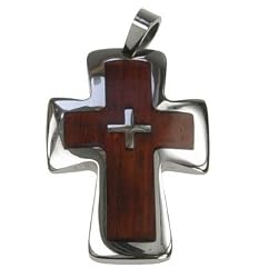 316L Stainless Steel Pendant Stainless steel cross pendant with wood Length: 54mm Width: 37mm Thickness: 6mm