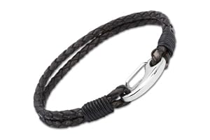 Unique Men - B33ABL/21CM - Bracelet Homme - Cuir Noir - Acier Inoxydable - 21 cm