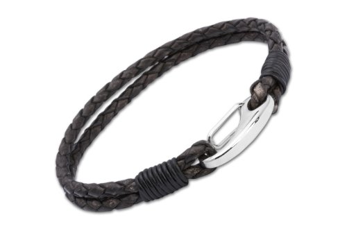 Unique Men 19cm Antique Black Double Leather Bracelet with Stainless Steel Shrimp Clasp