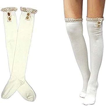 Knitting Factory Button Boot Socks with Lace Trim Boutique Socks Over Knee Selection (White)