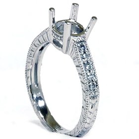 14k White Gold .20CT SI Hand Engraved Diamond Semi Mount Engagement Ring Setting