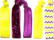 5pc Metallic Glitter & Matte Hair Bands, Pony Tail Holder - Bracelet Hair Ties, Yellow & Purple, Great for Mardi Gras or LSU Fans