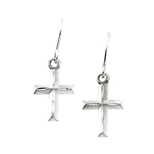 14K White Gold Children's ''Diamond Cut Cross'' Dangle Earrings