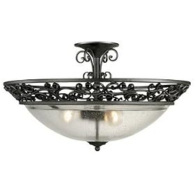 Thomas Lighting M2802-7 Three Light Semi-Flush Mount, Matte Black with Lacy Hand Forged Iron Patterns Finish with Blown Seedy Glass
