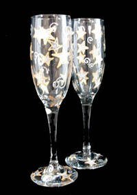 Wishing on the Stars Design - Hand Painted - Matching Set of Toasting Flutes - 6 oz.
