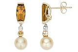 Michiko-2 7/8 Carat Quartz, Citrine, Diamond and Cultured Pearl 14K White and Yellow Gold Earrings