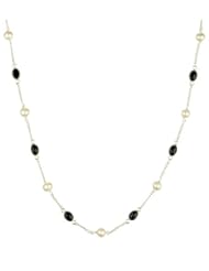Sterling Silver Chain, Freshwater Pearl and 8 Station Black Onyx Cabochon Necklace