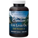 Carlson Cod Liver Oil 1000 mg (Rich in EPA & DHA) 100% Norwegian Low Vitamin A 300 Soft Gels
