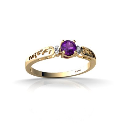 14K Yellow Gold Genuine Round Amethyst and Diamond Ring
