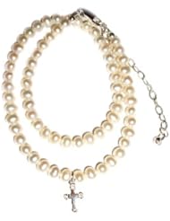 Girls Pearl Necklace, Lacey, Sterling Silver Beaded Necklace with Freshwater Pearls and Delicate Silver Cross. Coordinates with the Lacey Bracelet. Beautiful Necklace with Gorgeous Pearls. Adjustable 12-14"
