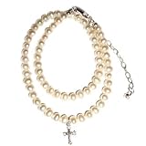 Girls Necklace, Lacey, Sterling Silver Beaded Necklace with Freshwater Pearls and delicate silver cross. Coordinates with the Lacey Bracelet. Beautiful necklace with gorgeous pearls. Adjustable 12-14