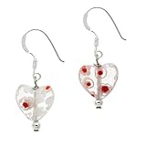 Sterling Silver .925 Murano Glass White Bead Millefiori Heart Dangle Earrings
