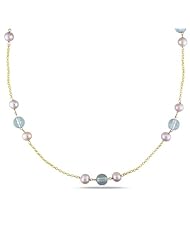 14K Yellow Gold 6.5-7 MM Freshwater Cultured Pearl, and Blue Topaz Pearl Strand, 22"