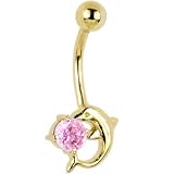 Solid 14KT Yellow Gold DOLPHIN Pink Cubic ZIRCONIA Belly Ring